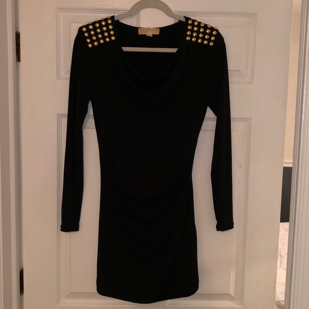Michael Kors Long sleeve black dress with gold studded shoulders